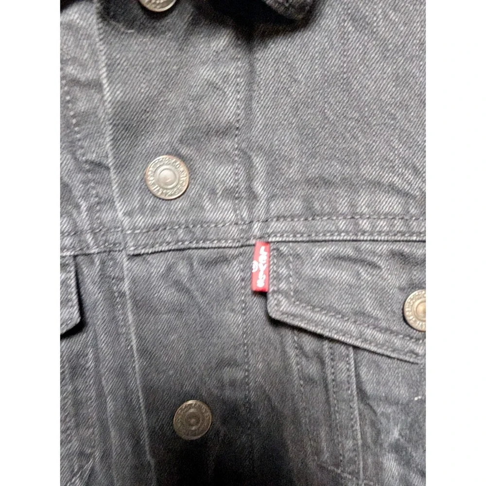 Levis Trucker Jacket Mens Small Black Denim Quilt Lined Logo Collared Snap Front